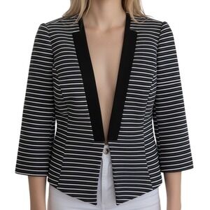 WHITE HOUSE BLACK MARKET Striped Open Front Jacket Black Cobalt White EUC Size 6